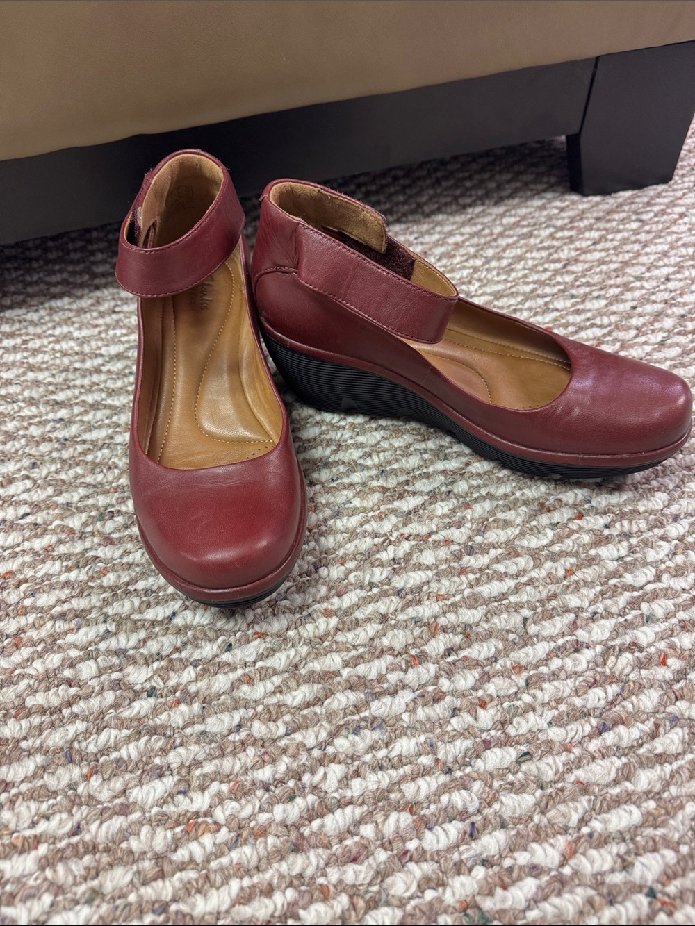 Clarks Burgundy Mary Jane Wedge Heels